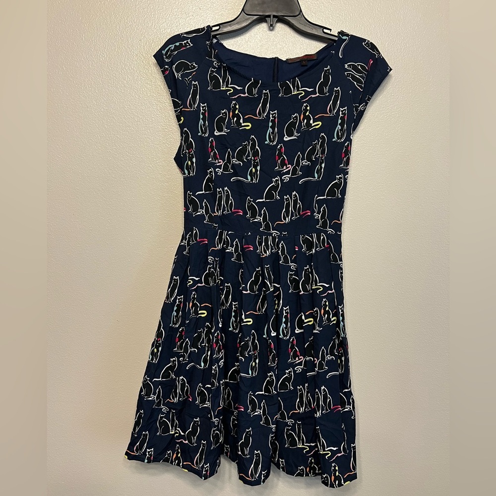 SM Wardrobe Navy Blue Neon Cat Print Pattern Festive Flare Novelty Dress  Sz L